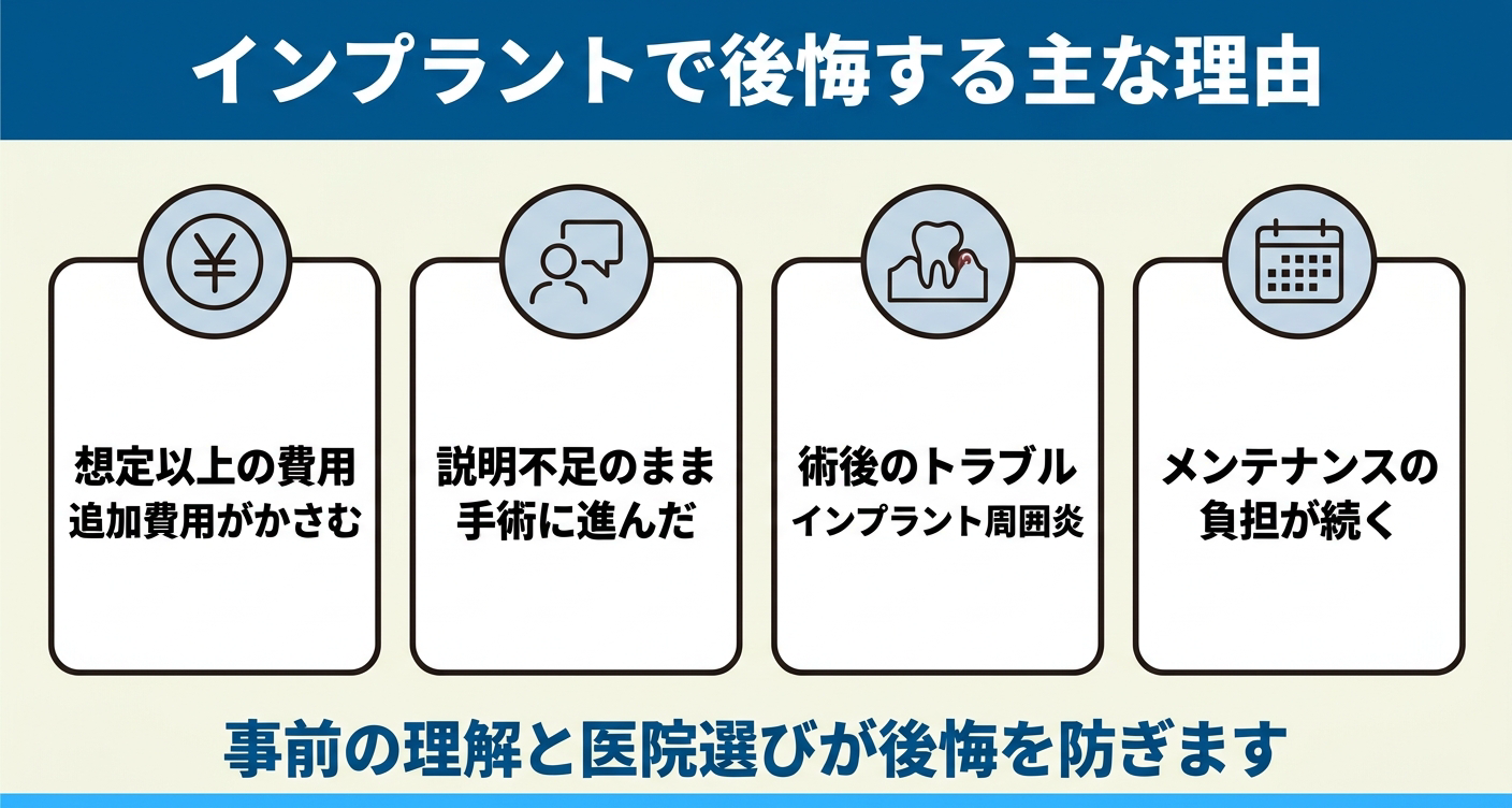 インプラントで後悔する主な理由を4つのカードで整理した図解。想定以上の費用と追加費用、説明不足のまま手術に進んだこと、術後のインプラント周囲炎などのトラブル、メンテナンスの負担を並べ、事前の理解と医院選びが後悔を防ぐと伝える。