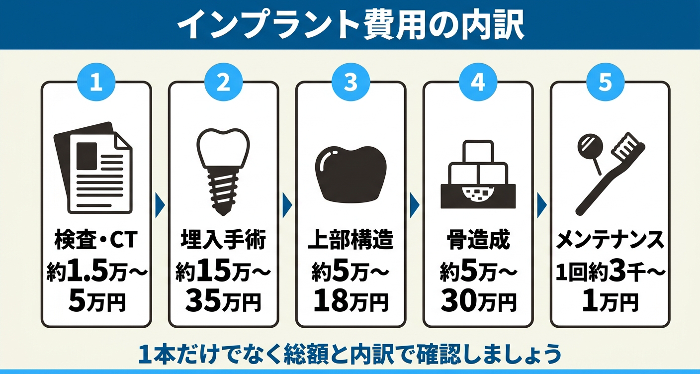 インプラント費用の内訳を5項目で示した図解。検査・CT、埋入手術、上部構造の被せ物、骨造成、メンテナンスの費用の目安を並べ、1本あたりの価格だけでなく総額と内訳で確認することが後悔を防ぐと伝えるインプラント費用相場の図。