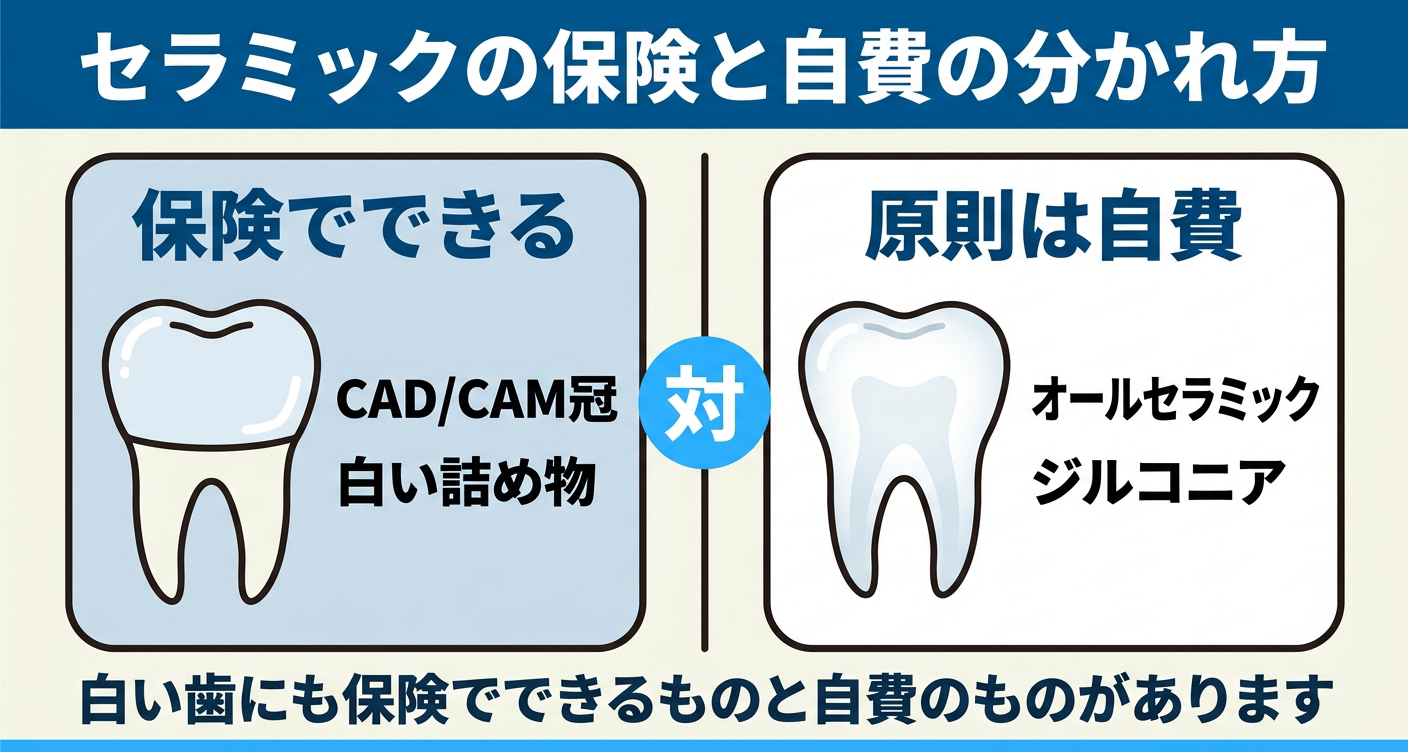 セラミックの白い歯を保険でできるものと原則自費のものに分けて整理した図解。保険のCAD/CAM冠や白い詰め物と、自費のオールセラミックやジルコニアを左右に並べ、同じ白い歯でも保険と自費があることを伝える歯科情報イラスト。