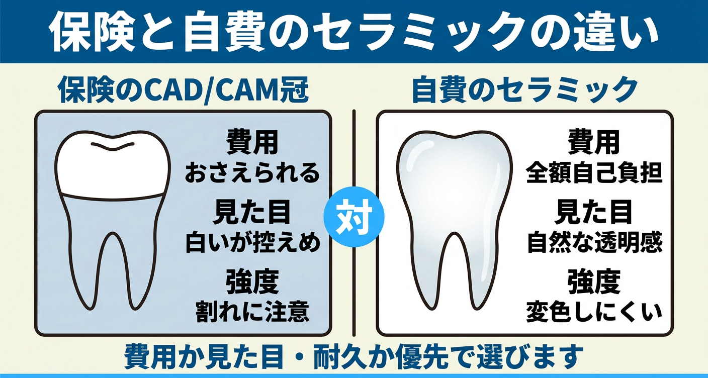 保険のCAD/CAM冠と自費セラミックの違いを左右で対比した図解。保険は費用をおさえられるが見た目や強度に注意、自費は全額自己負担ながら自然な透明感で変色しにくいと整理し、費用か見た目・耐久かの優先で選ぶことを示す歯科情報イラスト。