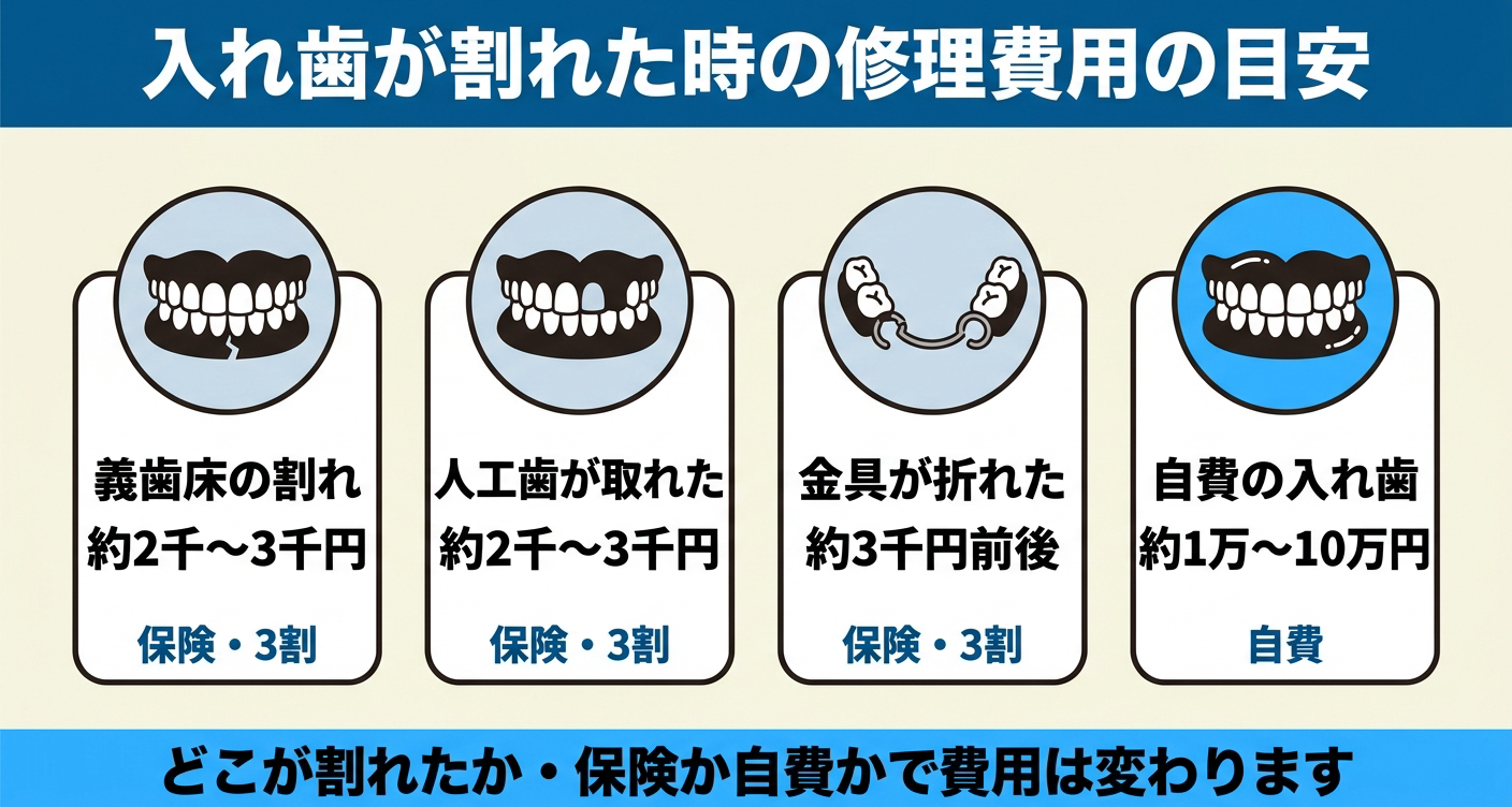 入れ歯が割れた時の修理費用の目安を4枚のカードで比較した図解。義歯床の割れ・人工歯が取れた・金具が折れたは保険3割で約2千〜3千円前後、自費の入れ歯は約1万〜10万円と並べ、どこが割れたか・保険か自費かで費用が変わることを示す。