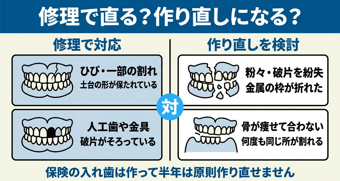 入れ歯が割れた時に修理で直るか作り直しになるかを対比した図解。ひびや一部の割れ・人工歯や金具の破損は修理で対応、粉々や金属の枠の破損・骨が痩せて合わない・何度も割れる場合は作り直しを検討とし、保険の入れ歯は作って半年は原則作り直せないことを示す。
