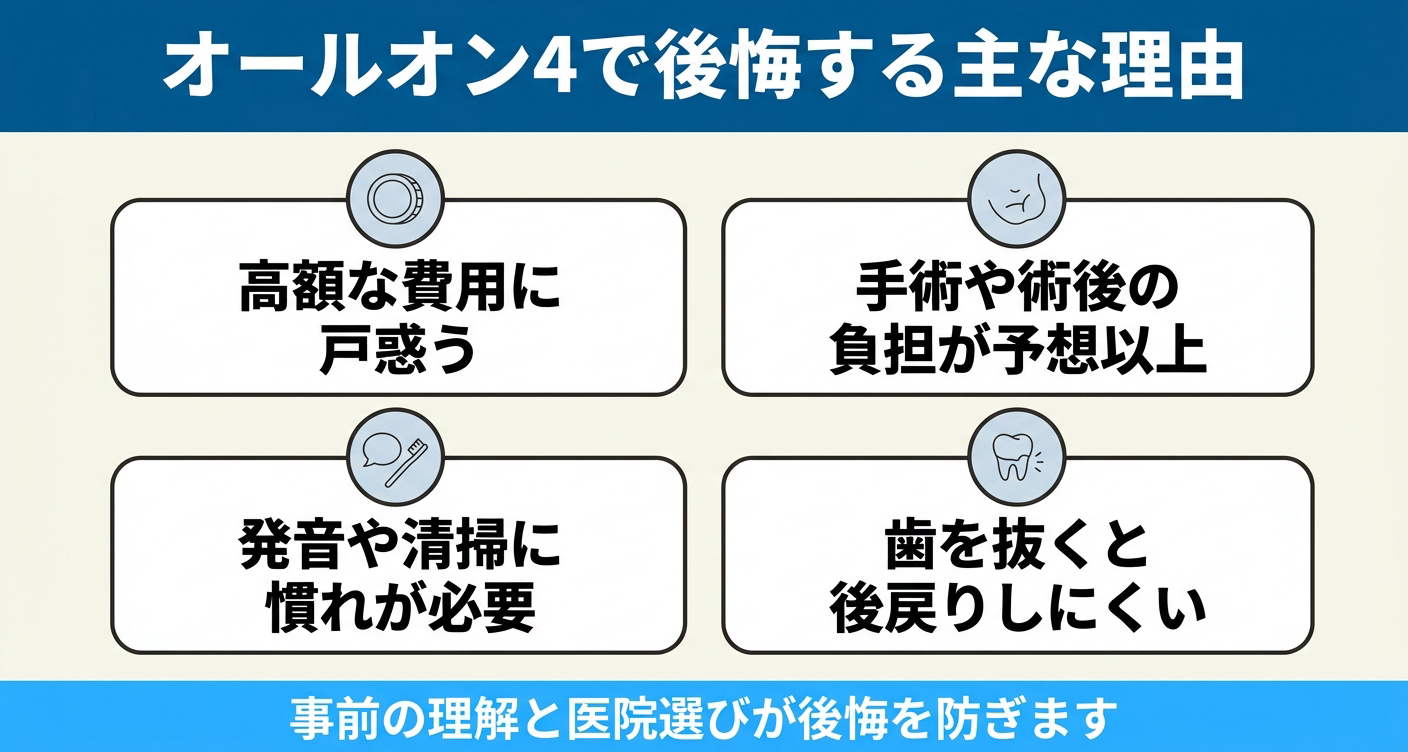 オールオン4で後悔する主な理由を費用・手術負担・清掃・抜歯の観点で整理した図解