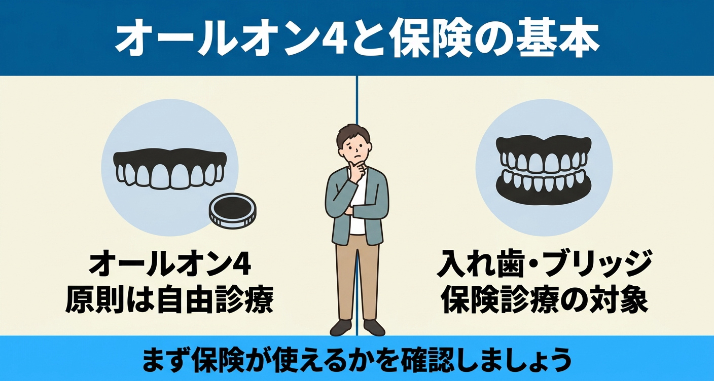オールオン4は原則自由診療で、入れ歯やブリッジは保険診療の選択肢になることを示した図解
