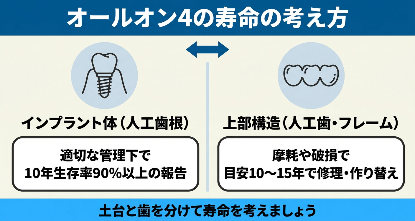 オールオン4の寿命を人工歯根と上部構造で比較した図解