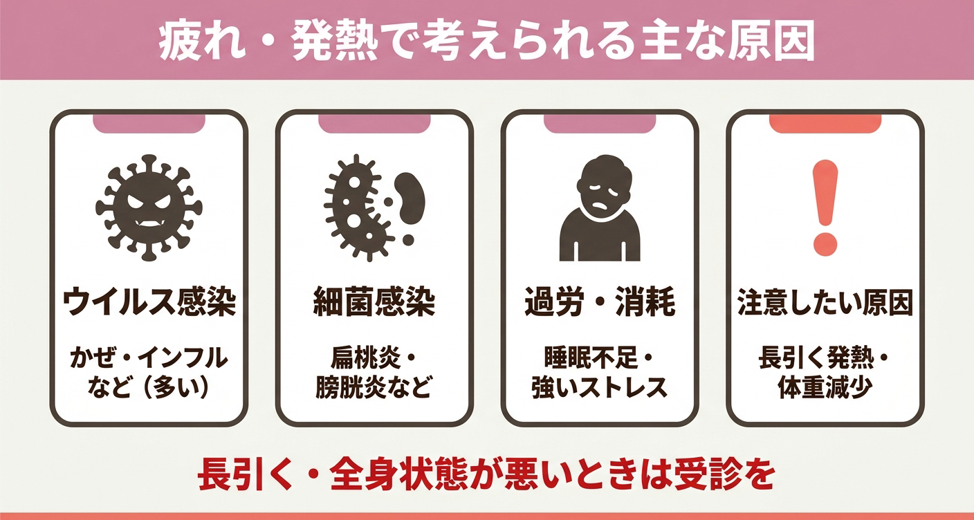 疲れと発熱で考えられる主な原因を分類した図