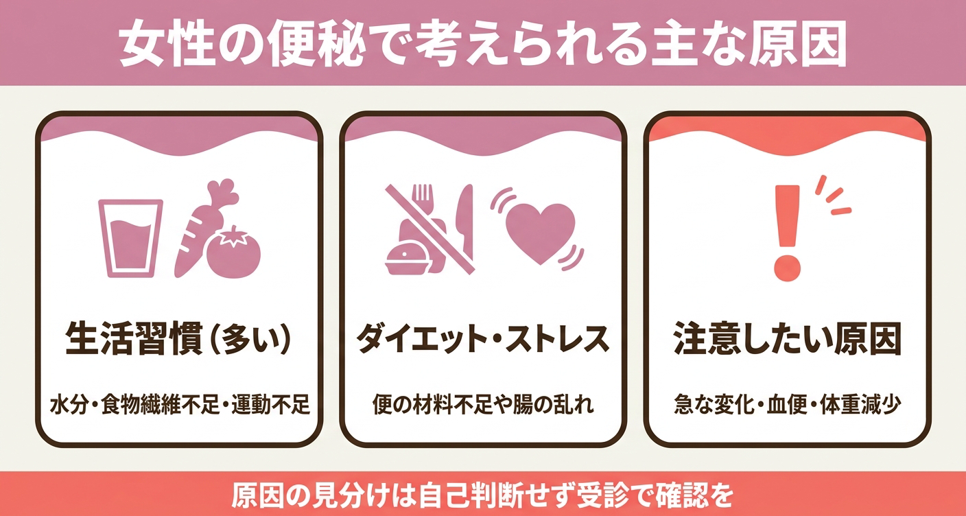 便秘の主な原因を生活習慣、食事・ストレス、病気に分けた図解
