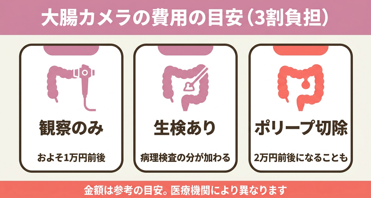 大腸カメラの3割負担での費用目安を「観察のみ」「生検あり」「ポリープ切除」の3カードで整理した図解。処置が加わるほど費用が上がることを視覚的に示し、金額はあくまで参考の目安で医療機関により異なることを伝えます。