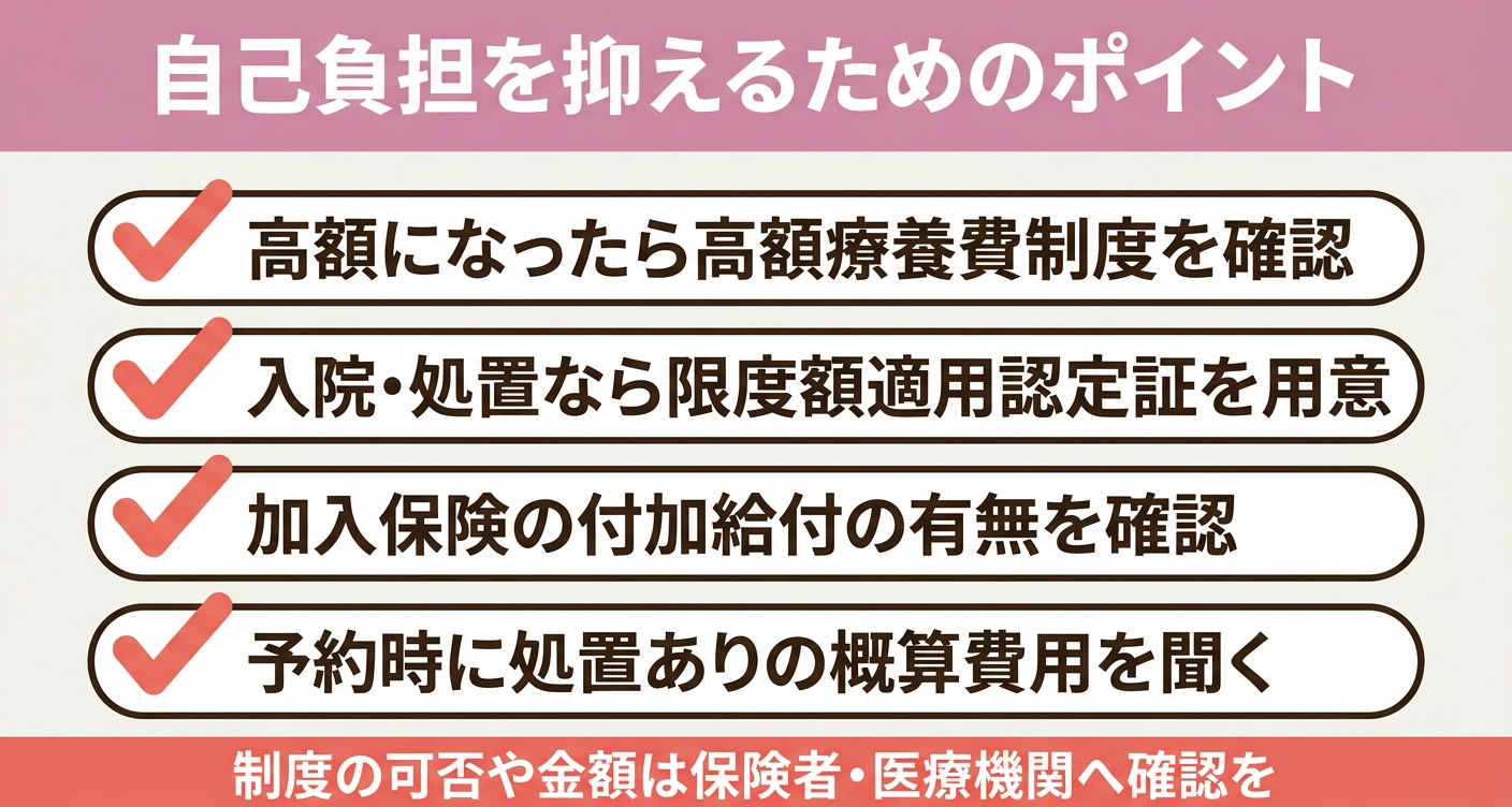 内視鏡検査で費用が高額になったときに自己負担を抑えるポイントを4項目のチェックリストで整理した図解。高額療養費制度・限度額適用認定証・付加給付・事前の概算確認という要点を視覚的に示し、制度の可否や金額は保険者・医療機関へ確認することを促します。
