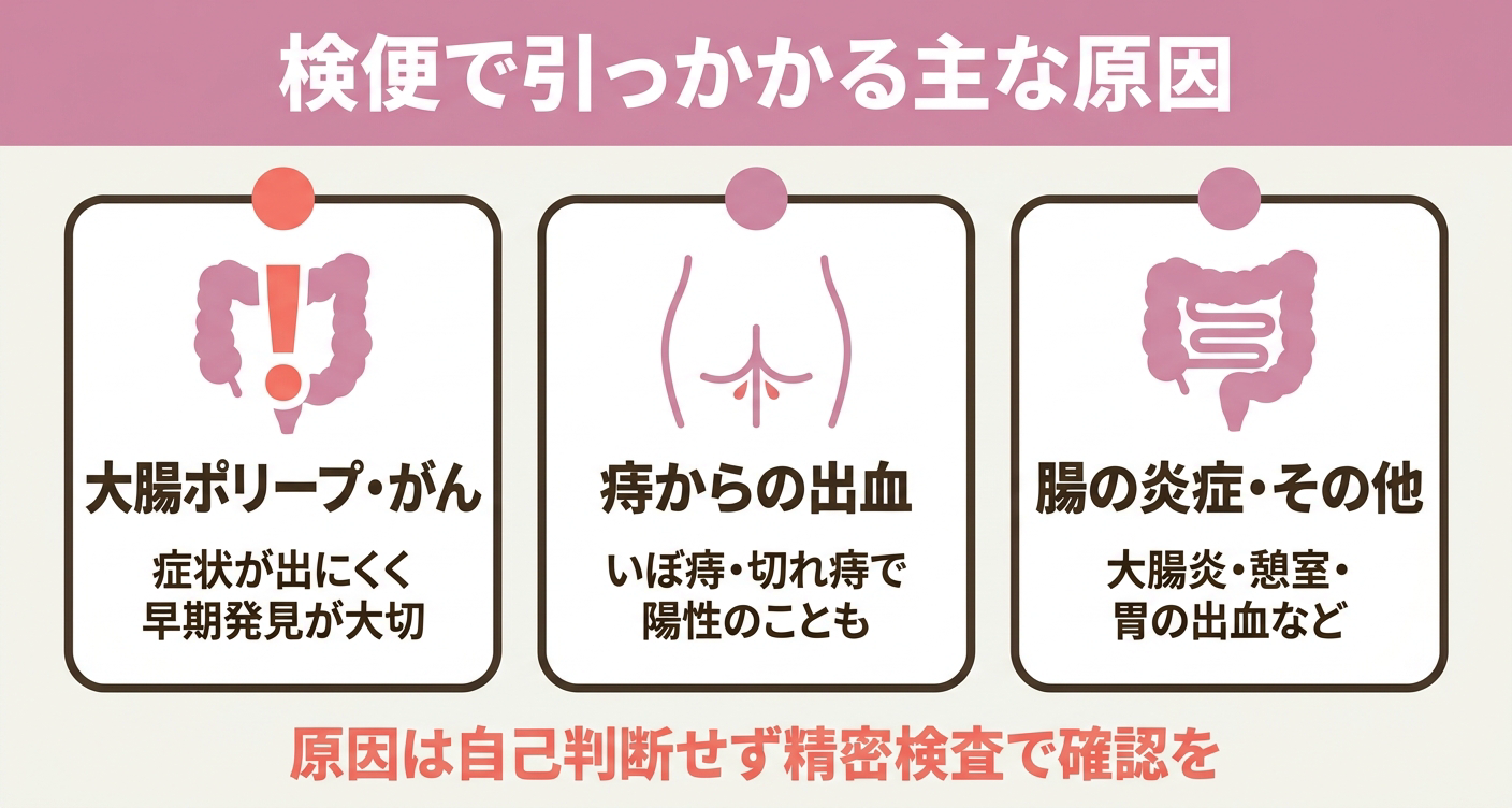 便潜血検査が陽性となる主な原因を、大腸の病変、痔、大腸の炎症などに分けて示した図