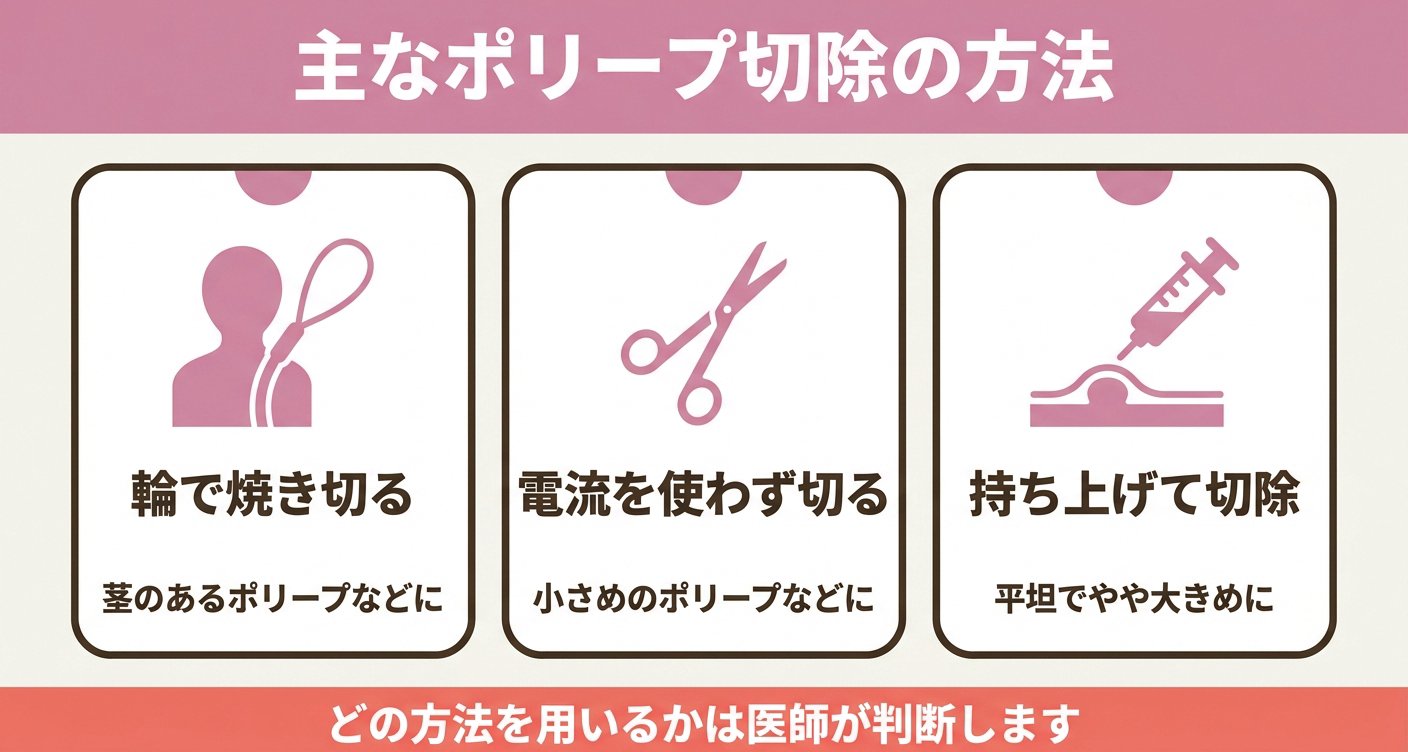 大腸ポリープの主な内視鏡的切除方法を比較した図