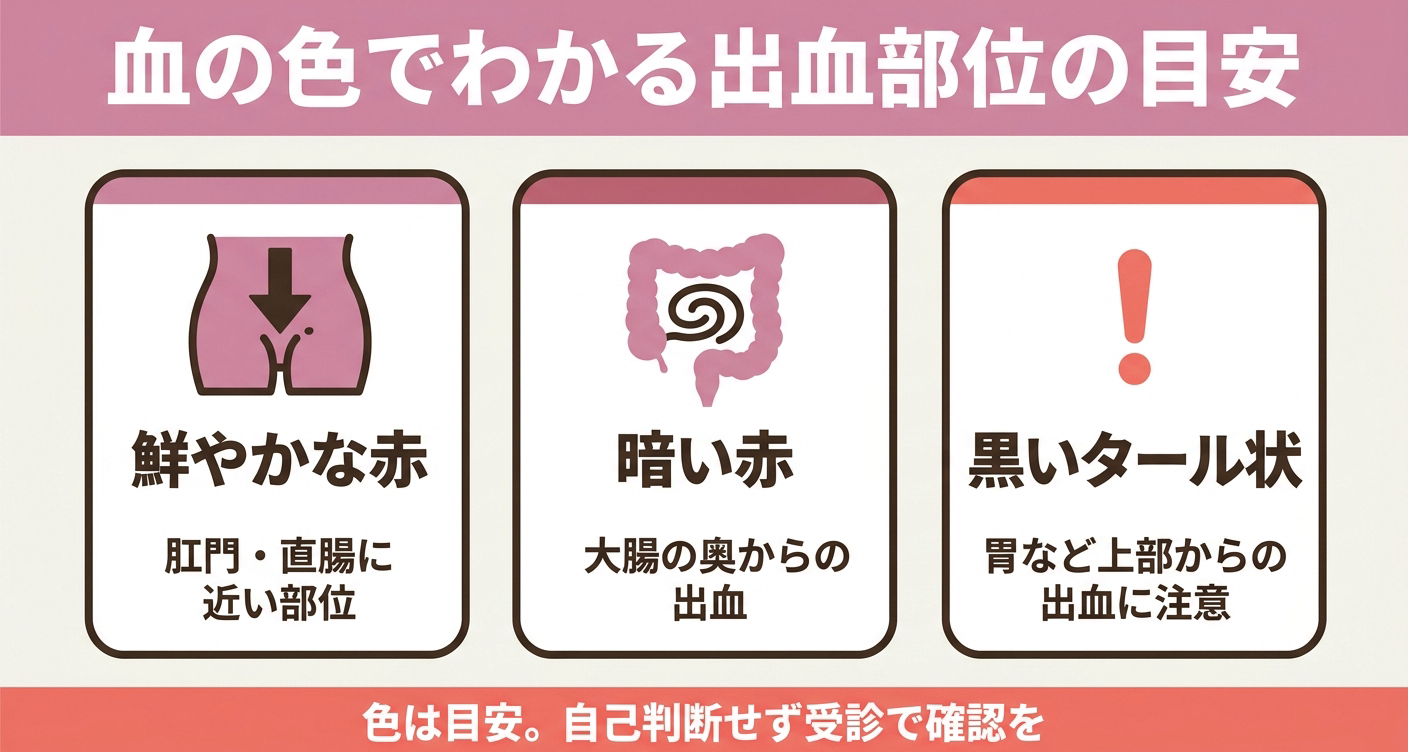 鮮血、暗赤色、黒色便と、考えられる出血部位の目安を示した図