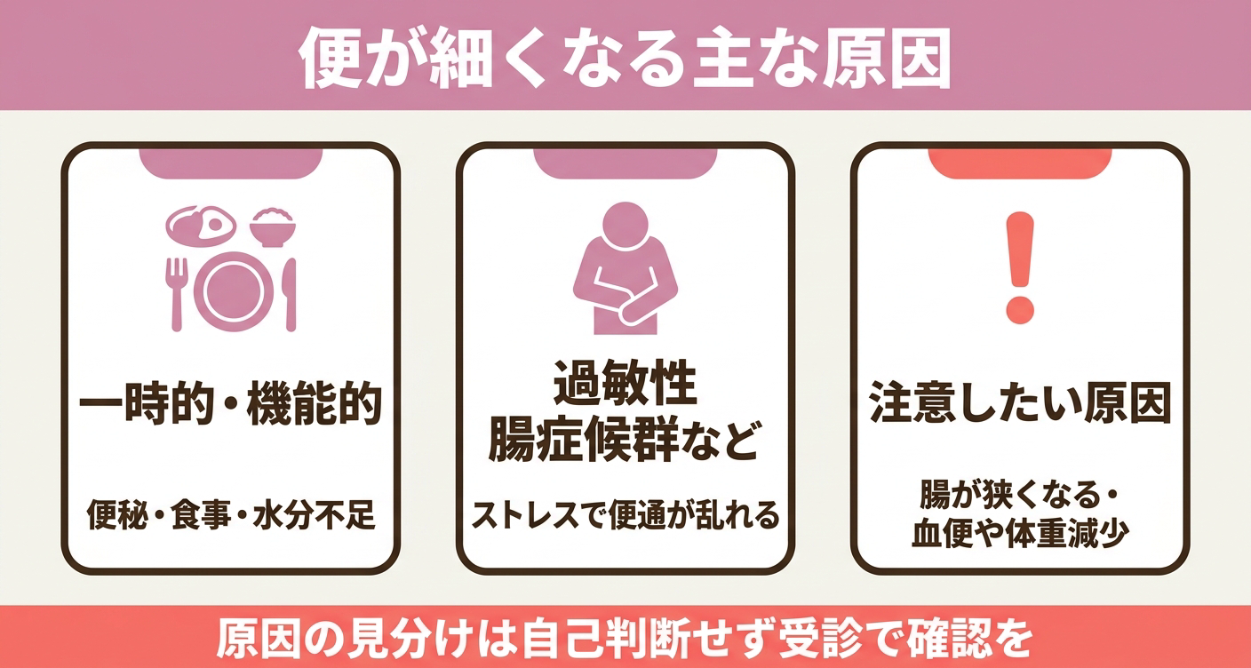 便が細くなる原因を、便秘や食生活、過敏性腸症候群、腸の病変に分けて示した図解