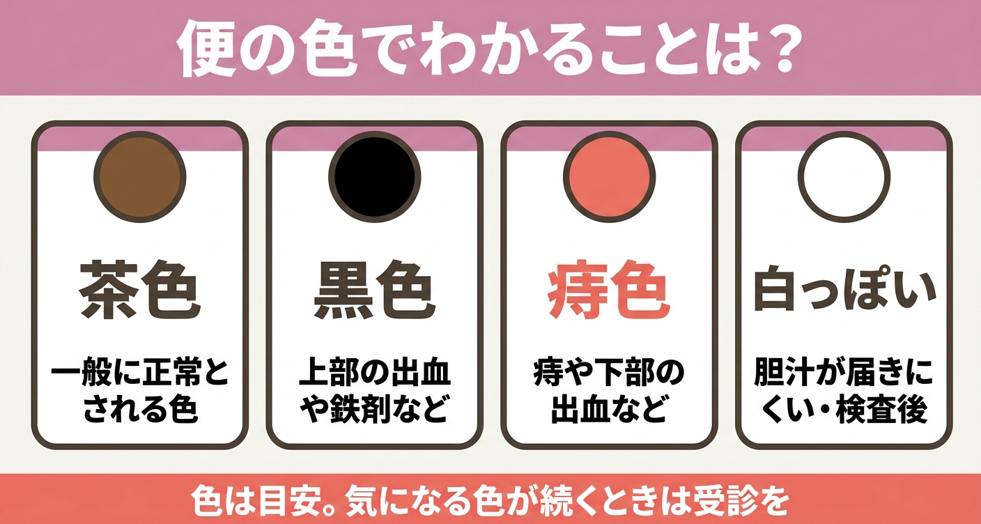 茶色・黒色・赤色・白っぽい便の主な原因を示す図