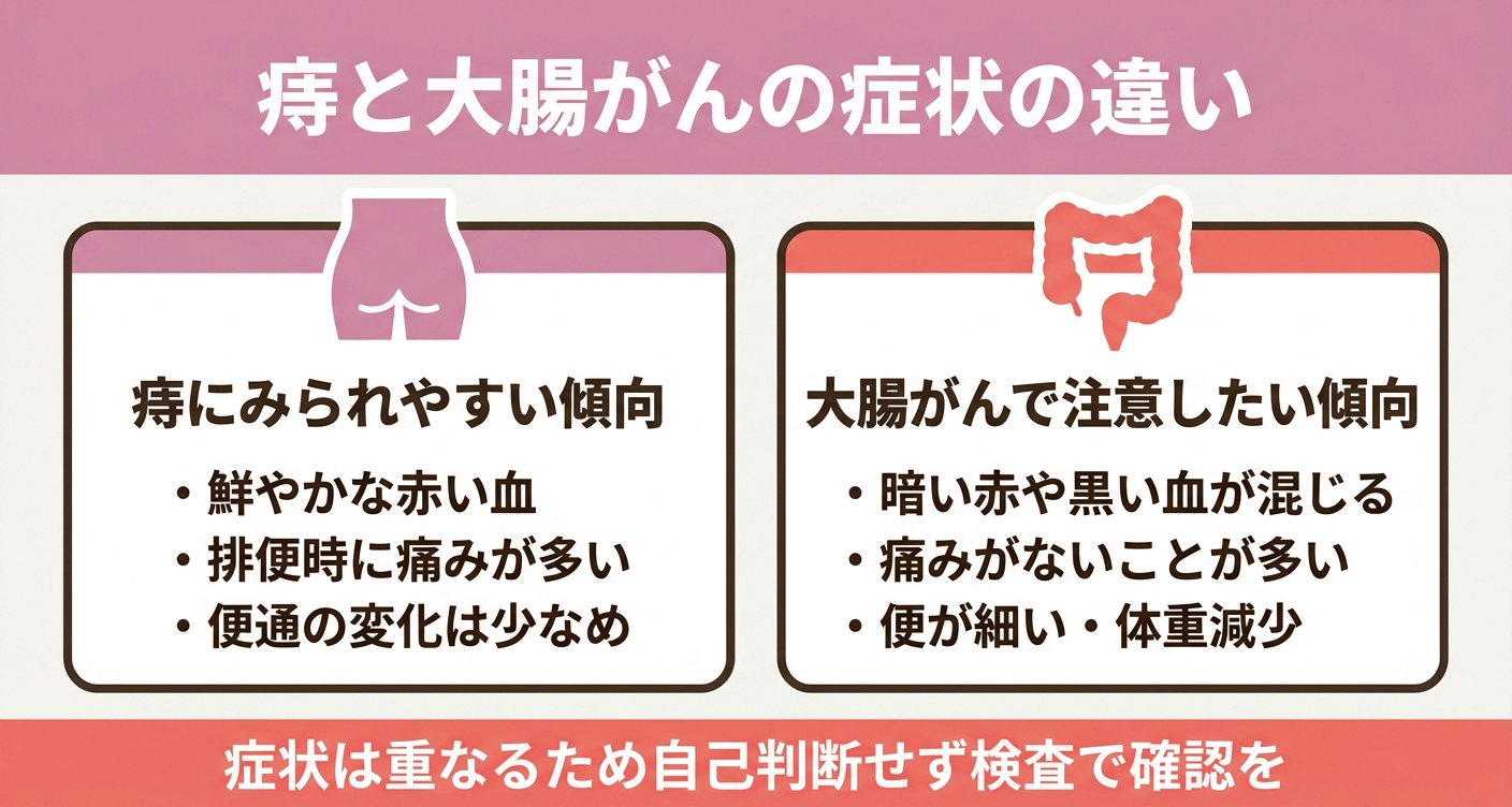 痔と大腸がんにみられる血便や痛み、便通変化の傾向を比較した図