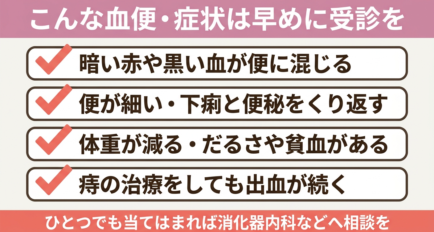 血便で早めの受診を検討したい症状をまとめたチェックリスト