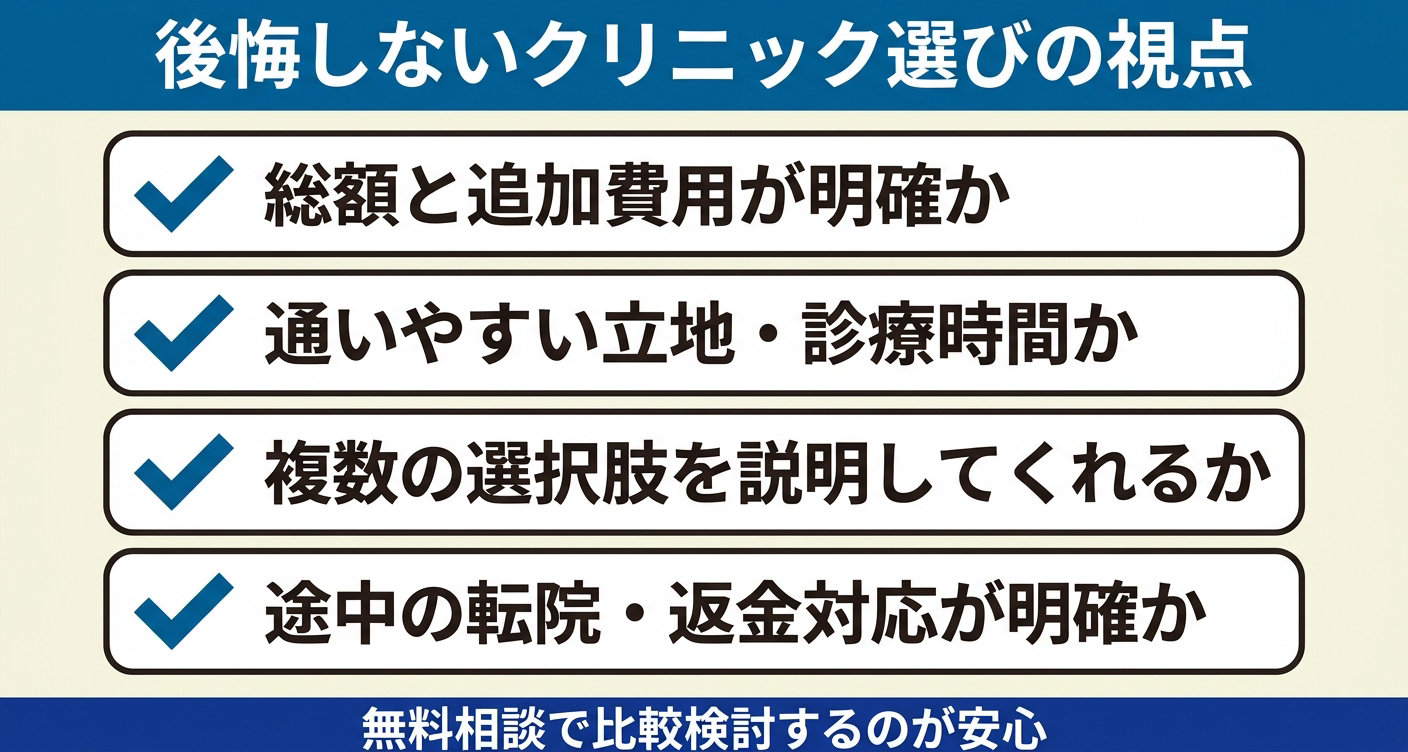 学生が歯列矯正のクリニックを選ぶときに意識したい4つの視点(総額の明確さ・通いやすさ・選択肢の説明・転院対応)をチェックリストで整理した図解。安さだけで判断せず、無料相談を活用して比較検討することの大切さを視覚的に伝えます。