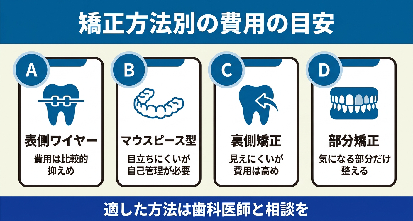 学生の歯列矯正で候補になりやすい4つの矯正方法(表側ワイヤー・マウスピース型・裏側・部分矯正)を横並びの比較カードで整理した図解。それぞれの費用感の傾向と特徴を視覚的に示し、適した方法は歯科医師と相談することの重要性を伝えます。