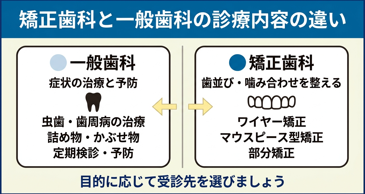 矯正歯科と一般歯科の診療内容を「症状の治療と予防」「歯並び・噛み合わせを整える」の2カラム対比で整理した図解。左右の対比構造で守備範囲の違いをひと目で理解できるようにし、目的に応じて受診先を選ぶことの大切さを視覚的に伝えます。