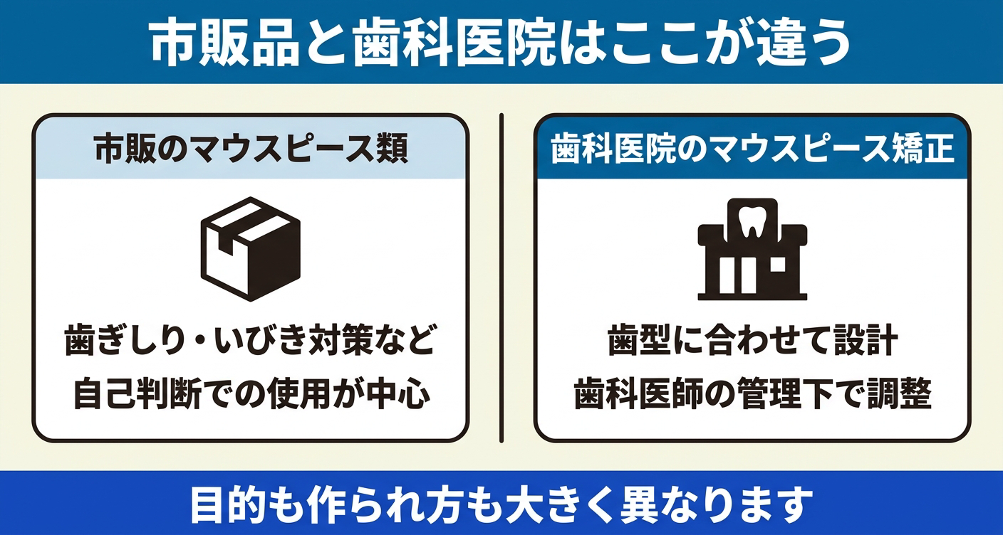 市販のマウスピース類と歯科医院のマウスピース矯正の違いを2カラムで対比した図解。パッケージ側と歯科医院側の目的・作られ方・管理体制の違いを視覚的に示し、同じ「マウスピース」でも役割が異なることをわかりやすく伝えます。