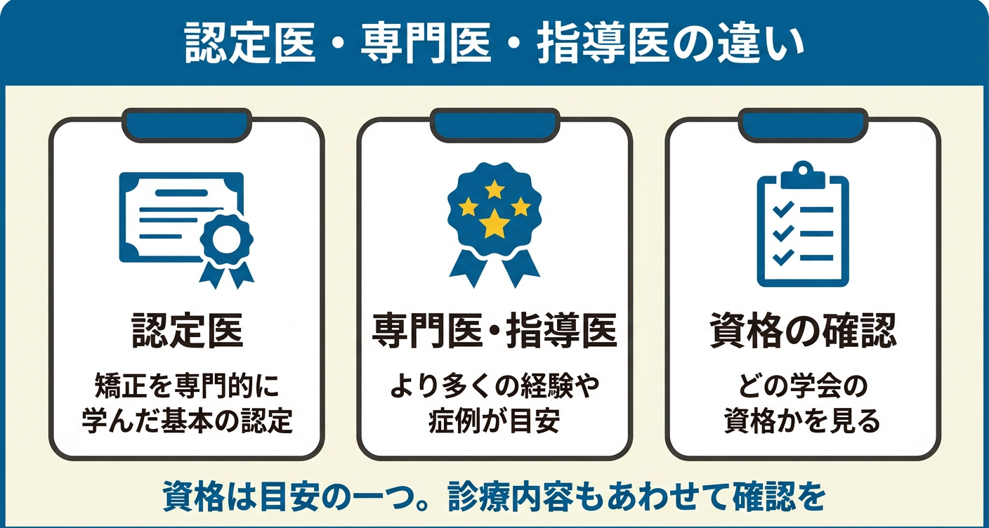 矯正歯科の資格を「認定医」「専門医・指導医」「資格の確認」の3カードで整理した図解。認定医が基本の認定であること、専門医などがより上位の位置づけであること、どの学会の資格かを確認する視点を視覚的に示し、資格は目安の一つとして診療内容もあわせて確認することを促します。