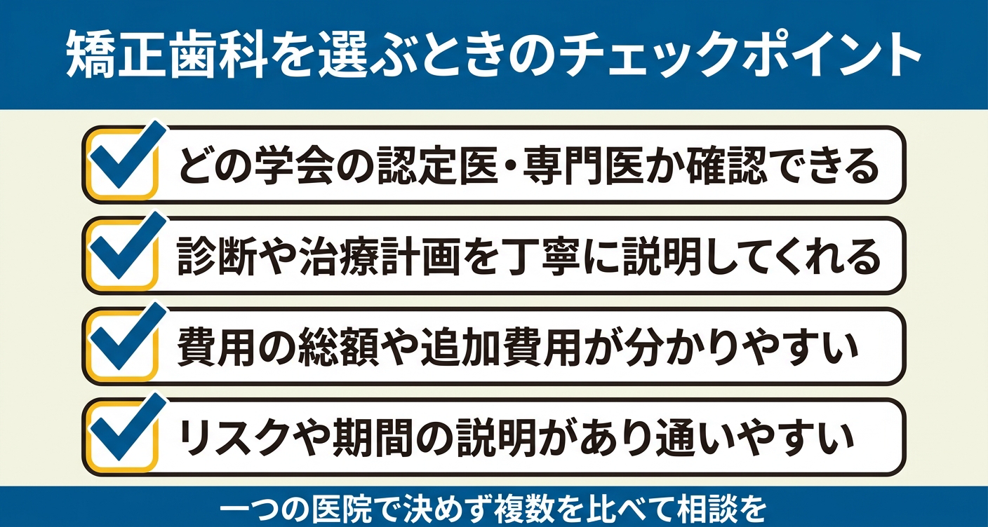 矯正歯科を選ぶときに確認したいポイントを4項目のチェックリストで整理した図解。資格の確認・診断や計画の説明・費用の分かりやすさ・リスクや通いやすさという選び方の目安を視覚的に示し、一つの医院で決めず複数を比べて相談することをわかりやすく伝えます。
