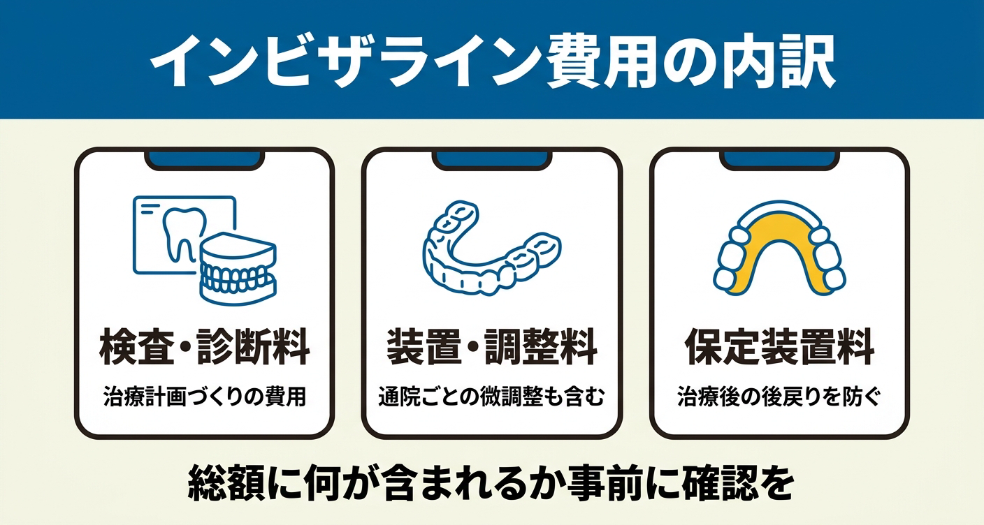 インビザライン矯正の費用を「検査・診断料」「装置・調整料」「保定装置料」の3カードで整理した図解。装置代だけでなく検査や治療後の保定まで費用に含まれることを視覚的に示し、総額に何が含まれるかを事前に確認することを促します。