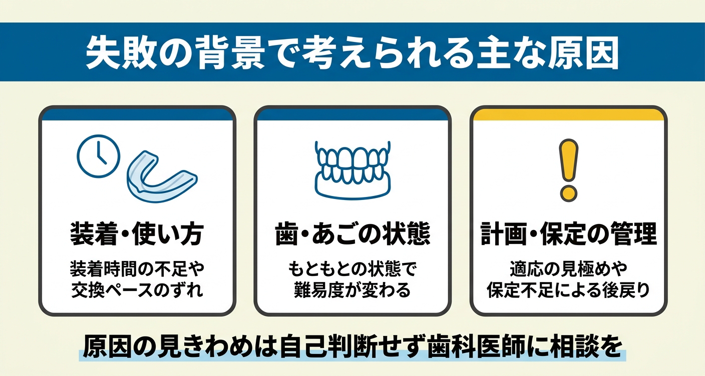 マウスピース型矯正で失敗が起こる背景を「装着・使い方」「歯・あごの状態」「計画・保定の管理」の3カードで整理した図解。原因は一つでなく複数が重なりやすいこと、見きわめは自己判断せず歯科医師に相談することを、恐怖をあおらず視覚的に伝えます。