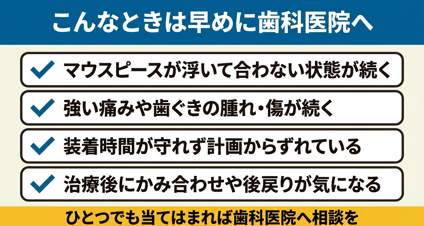 マウスピース型矯正の途中で早めに相談したいサインを4項目のチェックリストで整理した図解。装置が合わない・痛みが続く・装着時間が守れない・後戻りが気になるといった目安を視覚的に示し、ひとつでも当てはまれば自己判断せず歯科医院へ相談することをわかりやすく伝えます。