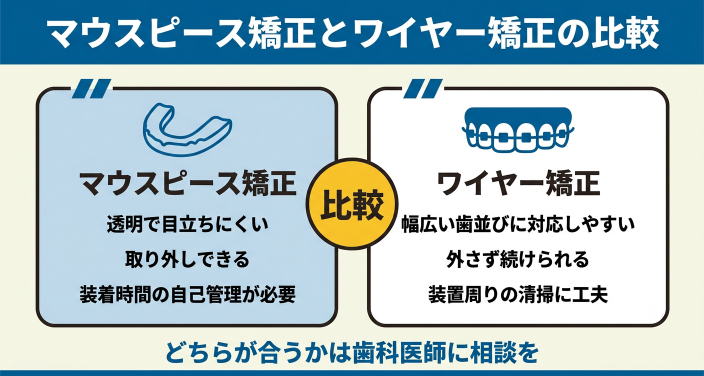 マウスピース矯正とワイヤー矯正の特徴を左右のカードで対比した比較図解。目立ちにくさや取り外しのしやすさ、対応できる歯並びの範囲などの傾向を並べて示し、どちらが合うかは歯科医師に相談することを促します。
