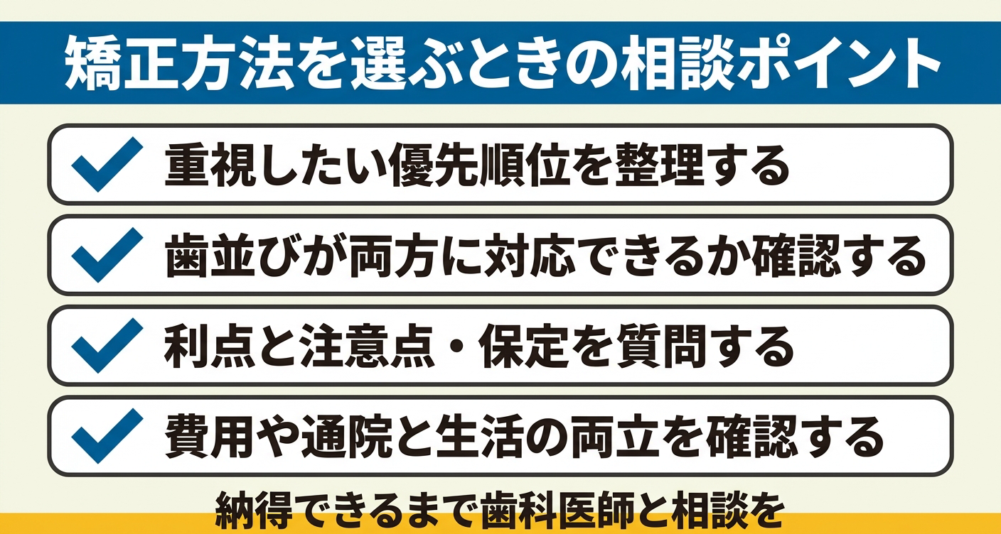 自分に合う矯正方法を選ぶための相談ポイントを4項目のチェックリストで整理した図解。優先順位の整理・対応範囲の確認・利点と注意点の質問・生活との両立という視点を視覚的に示し、納得できるまで歯科医師と相談することをわかりやすく伝えます。