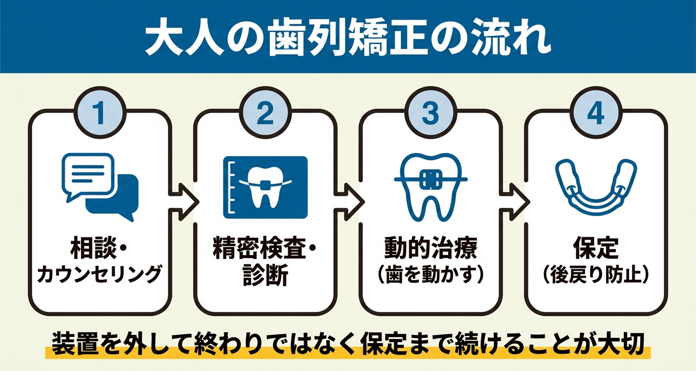 大人の歯列矯正が「相談・カウンセリング」「精密検査・診断」「動的治療」「保定」という流れで進むことを4ステップのカードで整理した図解。装置を外して終わりではなく保定まで続けることが仕上がりを守る鍵であることを視覚的に伝えます。