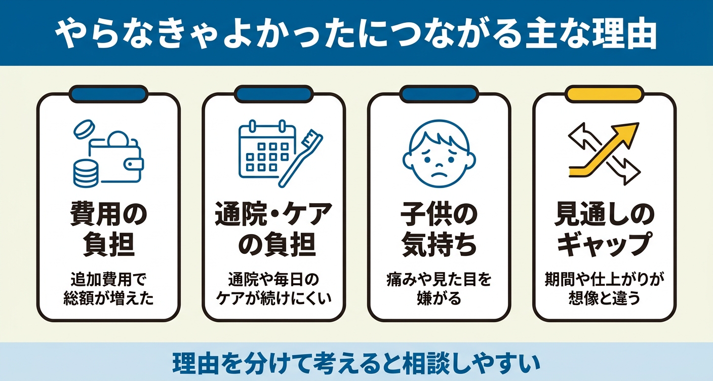 「やらなきゃよかった」につながりやすい理由を「費用の負担」「通院・ケアの負担」「子供の気持ち」「見通しのギャップ」の4カードで整理した図解。後悔の背景を分けて可視化し、理由を切り分けて歯科医に相談することの大切さを伝えます。