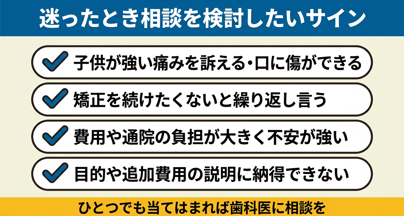 子供の歯科矯正で迷ったときに相談を検討したいサインを4項目のチェックリストで整理した図解。強い痛み・子供の拒否・負担の大きさ・説明への納得感という目安を視覚的に示し、ひとつでも当てはまれば歯科医に相談することをわかりやすく伝えます。