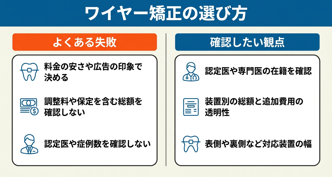 左に料金や印象だけで選ぶなどのよくある失敗、右に認定医の在籍・装置別の総額と追加費用の透明性・対応装置の幅を確認するという編集部の観点を並べ、ワイヤー矯正歯科の選び方の良し悪しを対比した図。