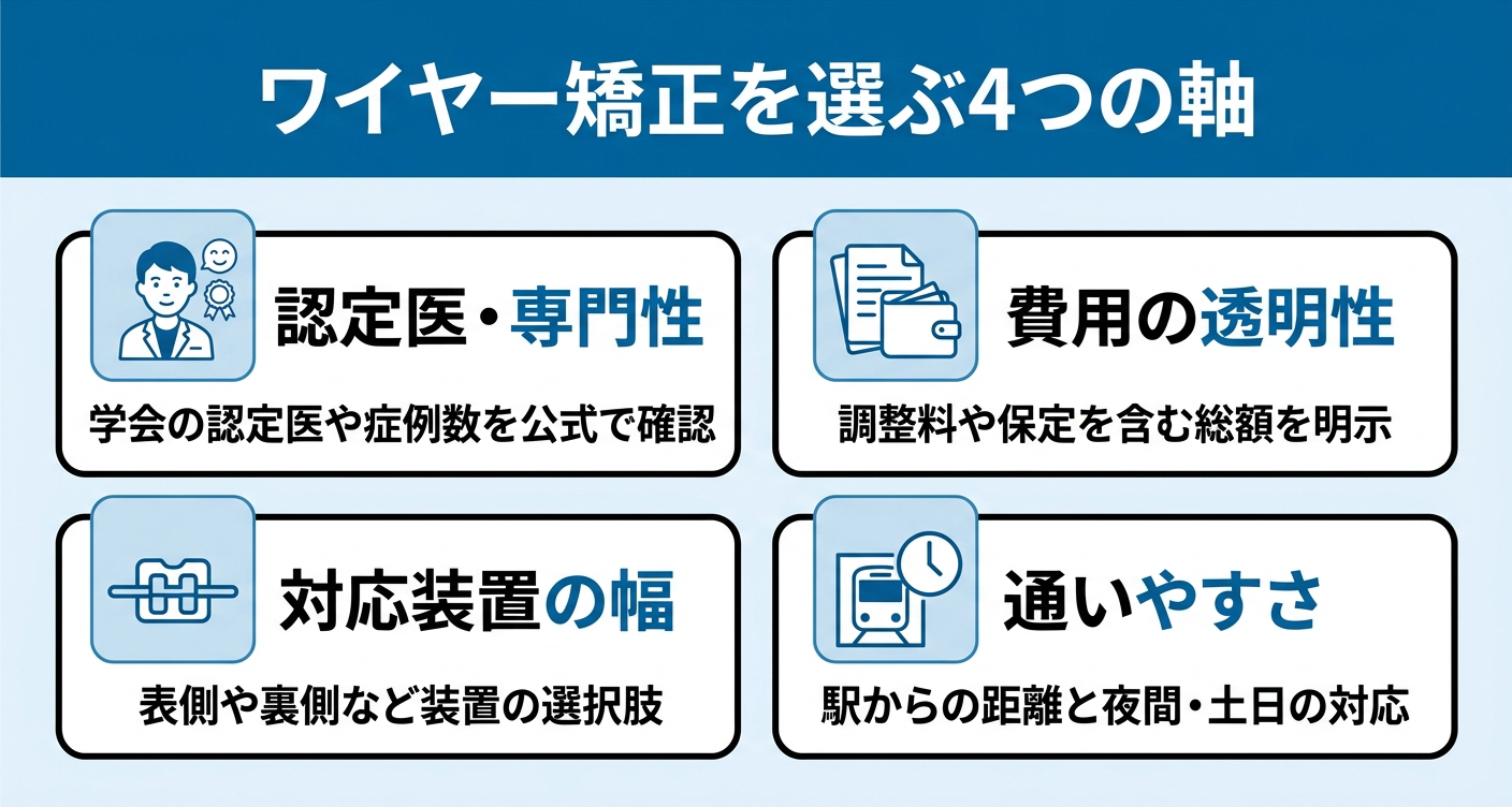 認定医・専門性・費用の透明性・対応装置の幅・通いやすさというワイヤー矯正歯科選びで確認すべき4つの選定軸を、4枚のカードで整理した図。