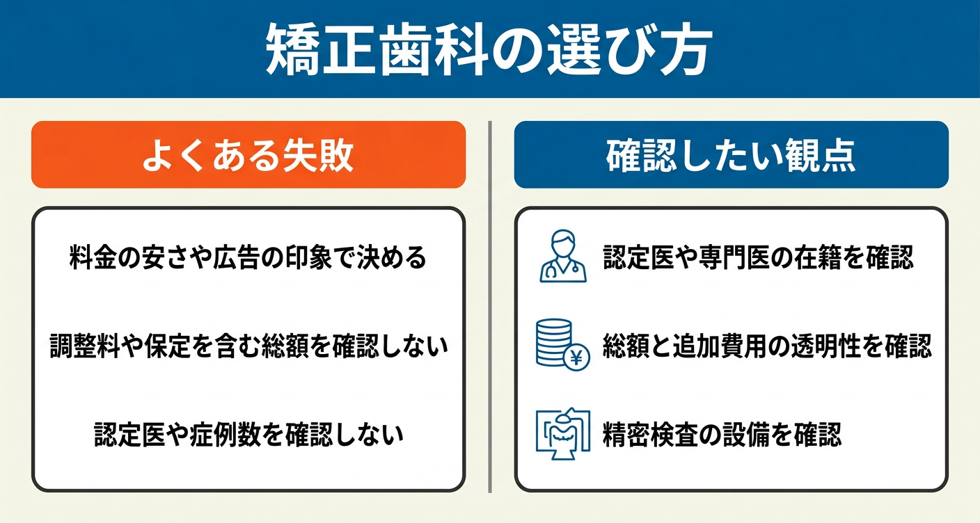 左に料金や印象だけで選ぶなどのよくある失敗、右に認定医の在籍・総額と追加費用の透明性・精密検査の設備を確認するという編集部の観点を並べ、矯正歯科の選び方の良し悪しを対比した図。