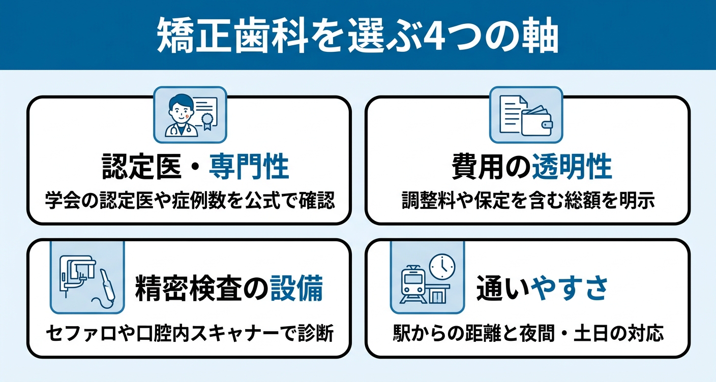 認定医・専門性・費用の透明性・精密検査の設備・通いやすさという矯正歯科選びで確認すべき4つの選定軸を、4枚のカードで整理した図。