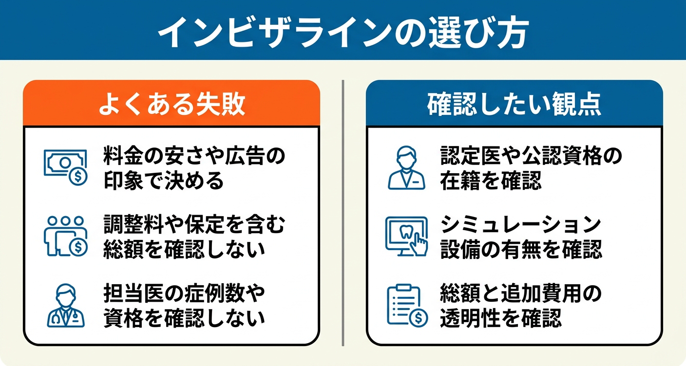 左に料金や印象だけで選ぶなどのよくある失敗、右に認定医や公認資格の在籍・シミュレーション設備の有無・総額と追加費用の透明性を確認するという編集部の観点を並べ、インビザライン歯科の選び方の良し悪しを対比した図。