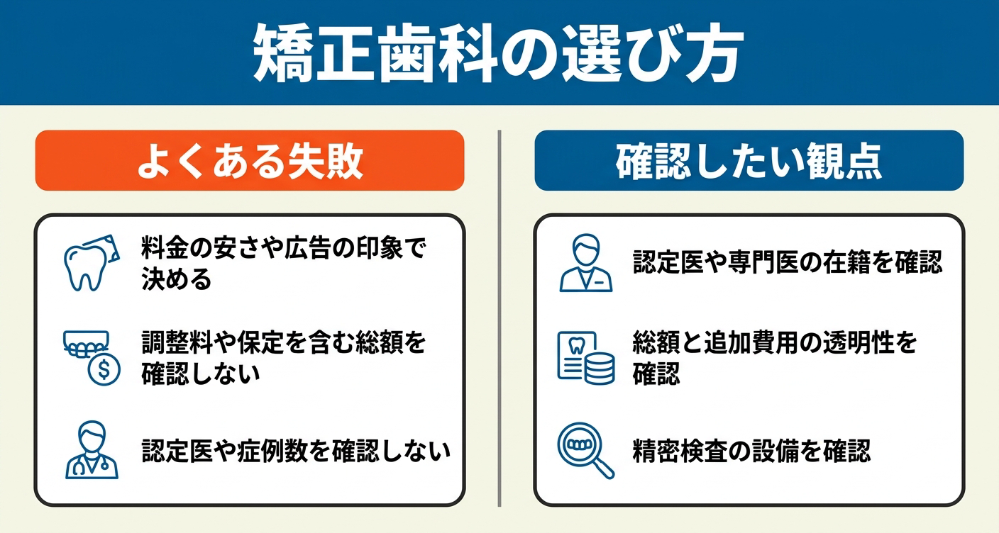 左に料金や印象だけで選ぶなどのよくある失敗、右に認定医の在籍・総額と追加費用の透明性・精密検査の設備を確認するという編集部の観点を並べ、矯正歯科の選び方の良し悪しを対比した図。