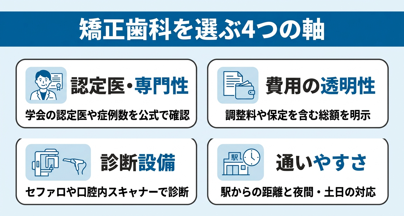 認定医・専門性・費用の透明性・診断設備・通いやすさという矯正歯科選びで確認すべき4つの選定軸を、4枚のカードで整理した図。