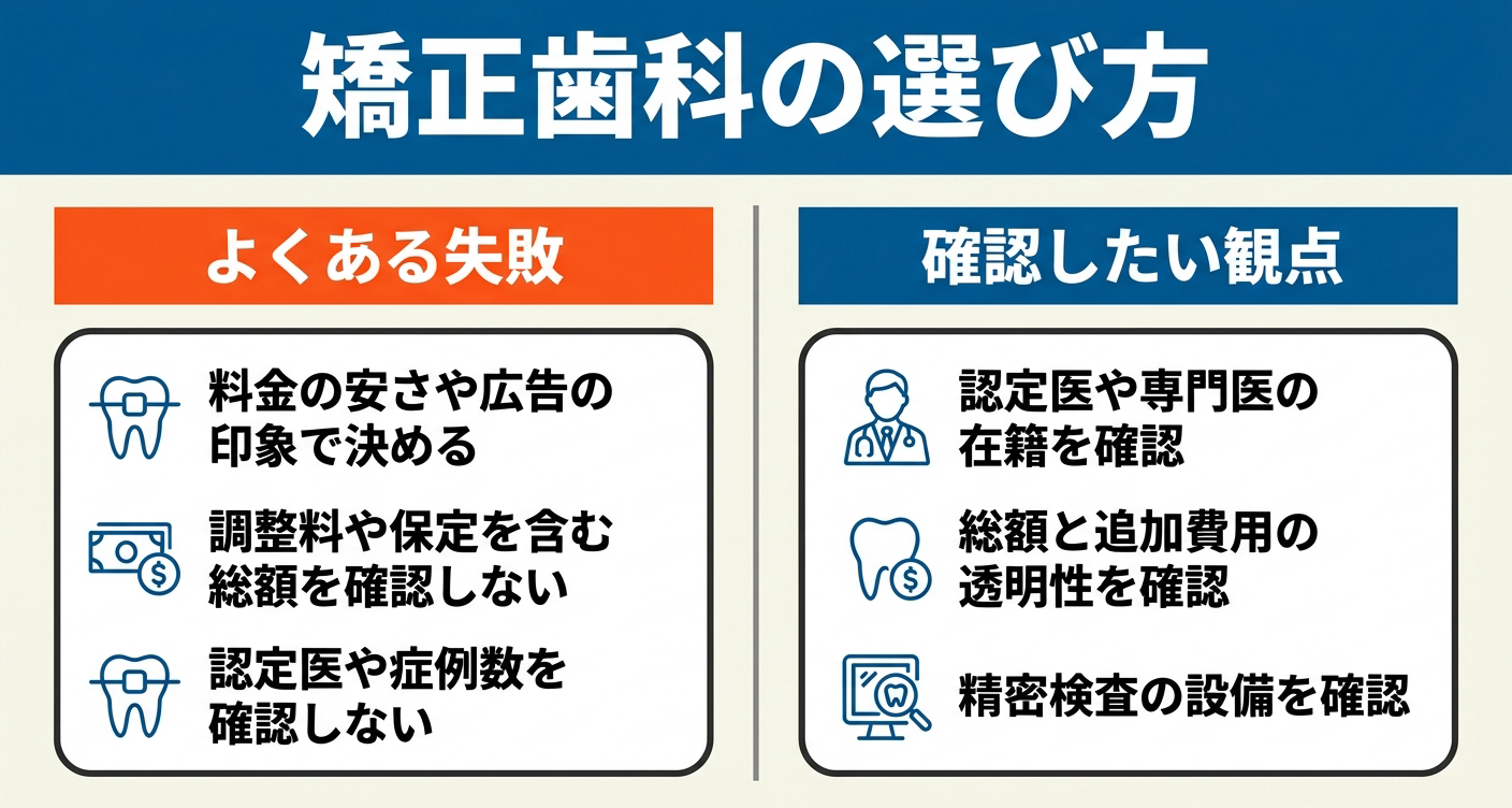 左に料金や印象だけで選ぶなどのよくある失敗、右に認定医の在籍・総額と追加費用の透明性・精密検査の設備を確認するという編集部の観点を並べ、矯正歯科の選び方の良し悪しを対比した図。