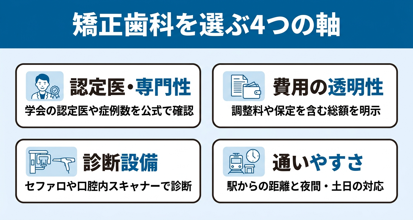認定医・専門性・費用の透明性・診断設備・通いやすさという矯正歯科選びで確認すべき4つの選定軸を、4枚のカードで整理した図。