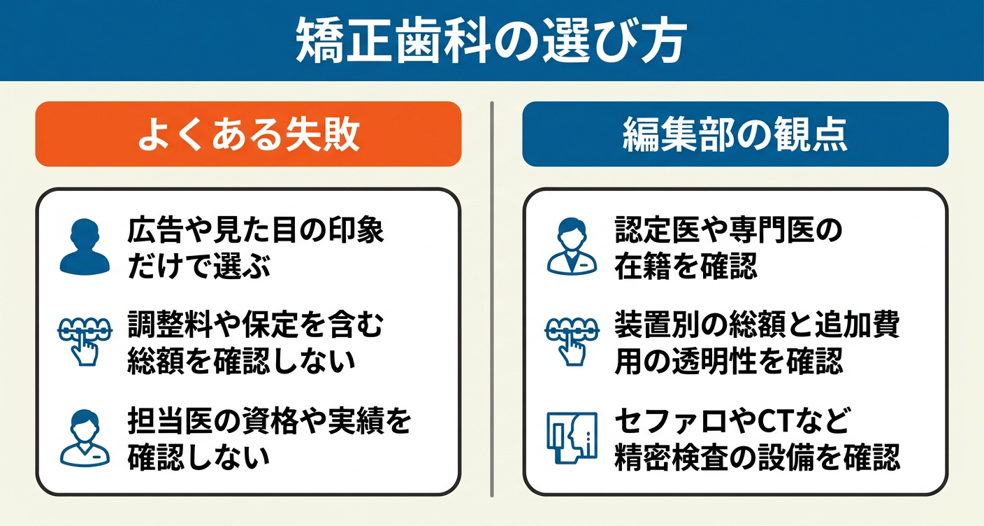 左に広告や印象だけで選ぶなどよくある失敗、右に認定医の在籍・総額と追加費用の透明性・精密検査の設備の確認という編集部の観点を並べた、矯正歯科の選び方の対比図。