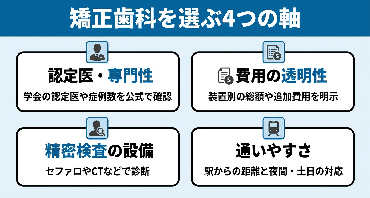 認定医・専門性／費用の透明性／精密検査の設備／通いやすさという矯正歯科選びで確認すべき4つの選定軸を、4枚のカードで整理した図。