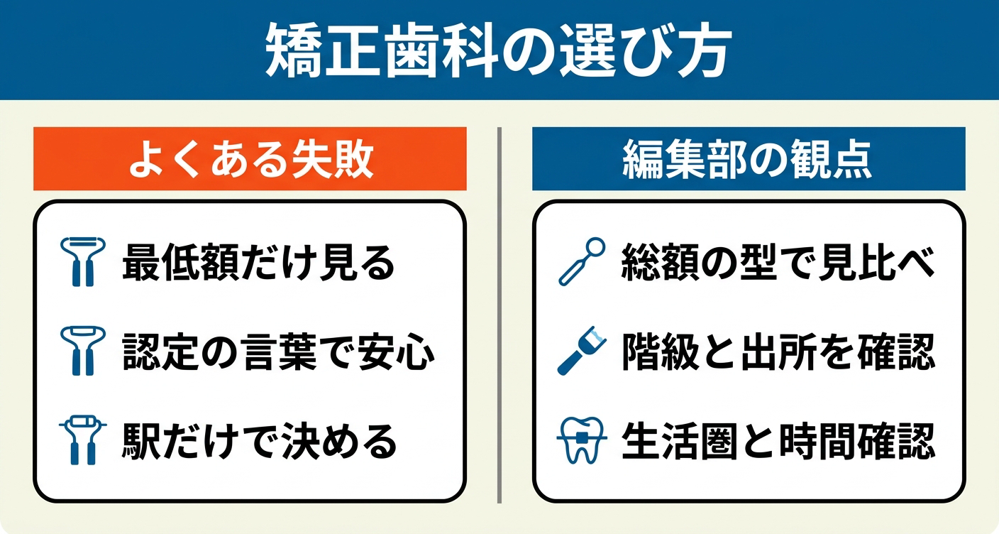 左に最低額だけ見るなどよくある失敗、右に総額の型で見比べ・階級と出所を確認・生活圏と時間を確認するという編集部の観点を並べた、矯正歯科の選び方の対比図。