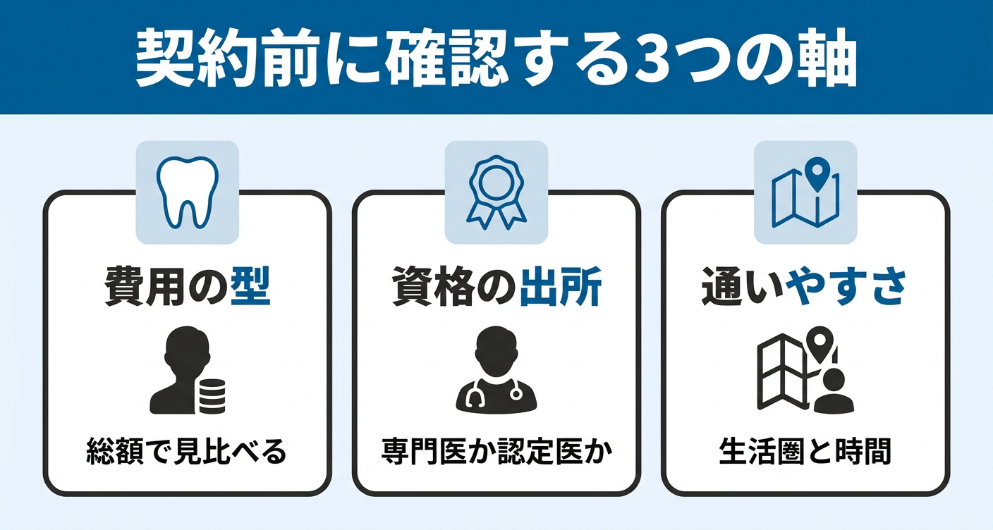 費用の型／資格の出所／通いやすさという、矯正治療の契約前に自分で確認すべき3つの判断軸を3枚のカードで整理した図。