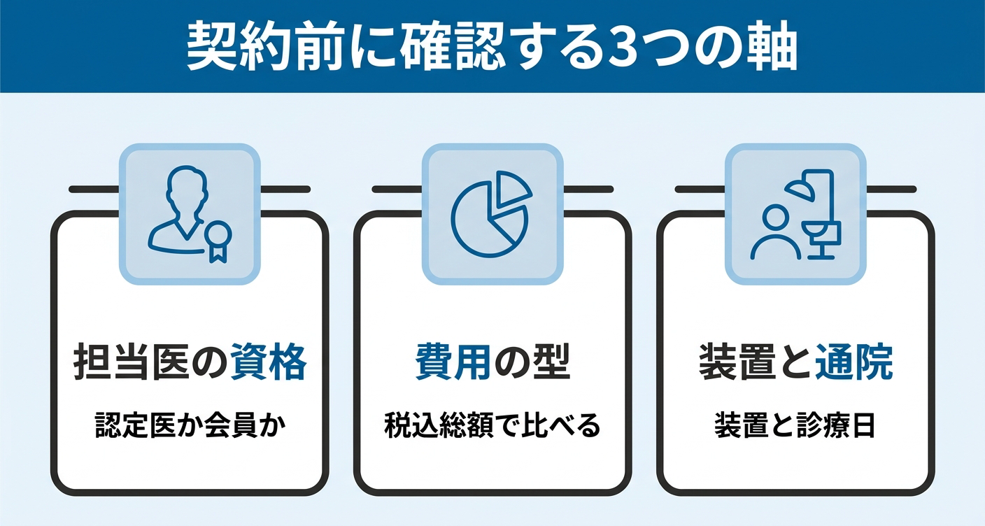 担当医の資格／費用の型／装置と通院という、矯正治療の契約前に自分で確認すべき3つの判断軸を3枚のカードで整理した図。