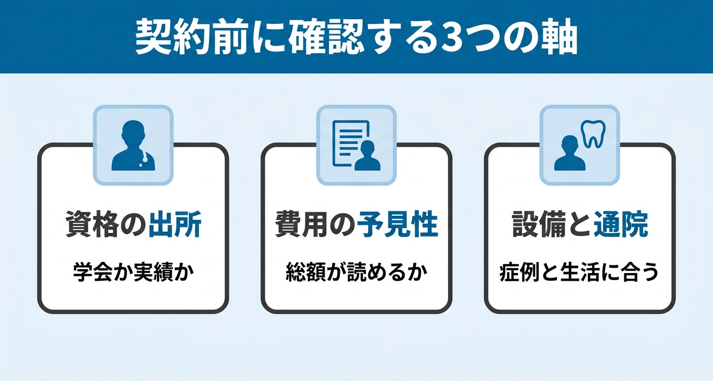 資格の出所/費用の予見性/設備と通院という、矯正治療の契約前に自分で確認すべき3つの判断軸を3枚のカードで整理した図。
