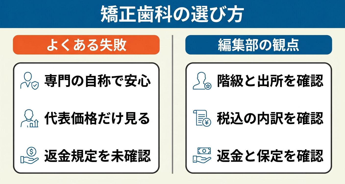 左に専門の自称で安心などよくある失敗、右に階級と出所を確認・税込の内訳を確認・返金と保定を確認するという編集部の観点を並べた、矯正歯科の選び方の対比図。